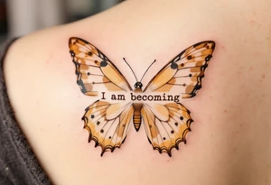 “I am becoming” in sepia brown typewriter font, paired with a butterfly in warm amber tones. tattoo idea