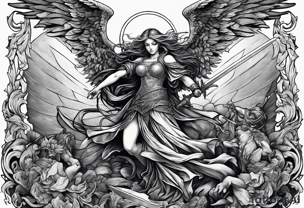 Angel with long sword on a pile of dead demons in etchwork style tattoo idea