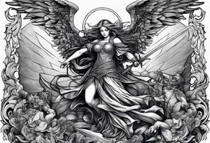 Angel with long sword on a pile of dead demons in etchwork style tattoo idea