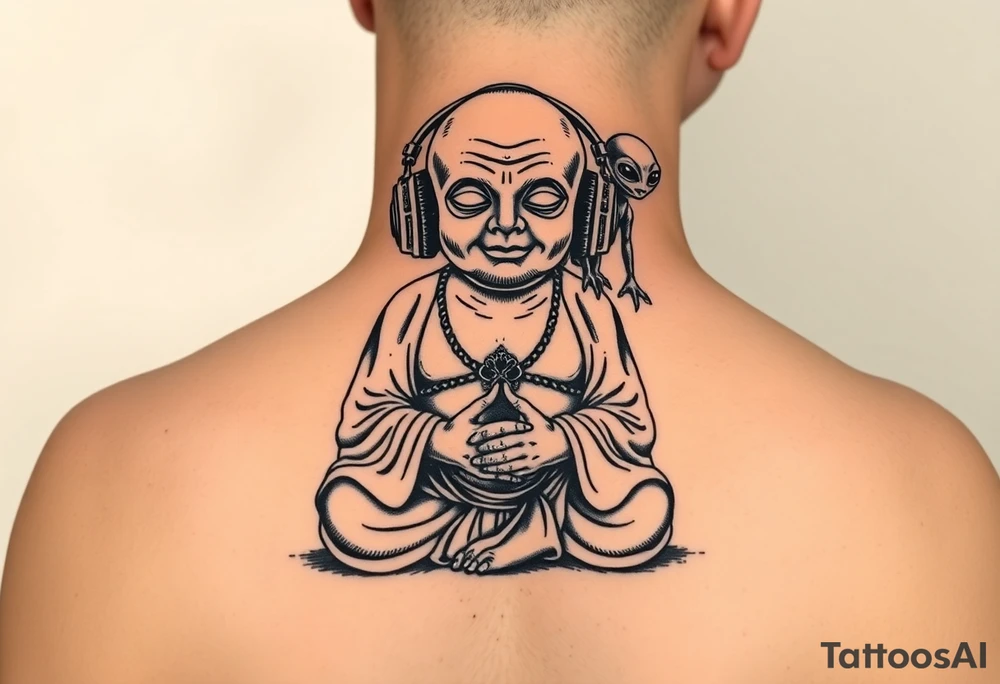 a dim celestial light shines over a curious wise chubby alien buddha who is wearing headphones and is calmly meditating on top of a texas hold'em table, and under a beautiful starry sky. There is a friendly alien sitting on his shoulder. tattoo idea