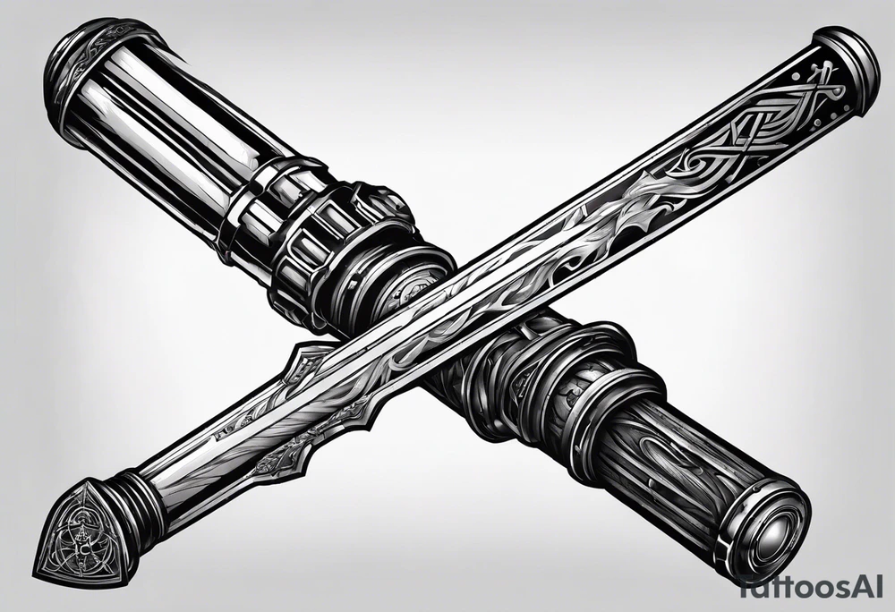 Lightsaber and a Wand from Harry Potter overlapping to make an "X" and in the spaces between the put the letters A,J,L and N. tattoo idea