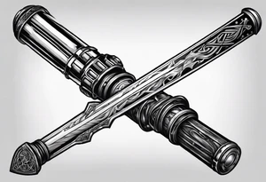Lightsaber and a Wand from Harry Potter overlapping to make an "X" and in the spaces between the put the letters A,J,L and N. tattoo idea