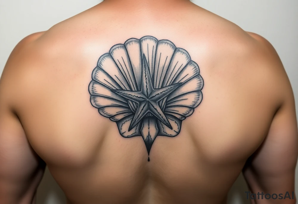 Large open seashell and starfish in a style like tattoos were done during world war 2 tattoo idea