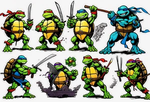 all four teenage mutant ninja turtles fighting enemies in a cityscape tattoo idea