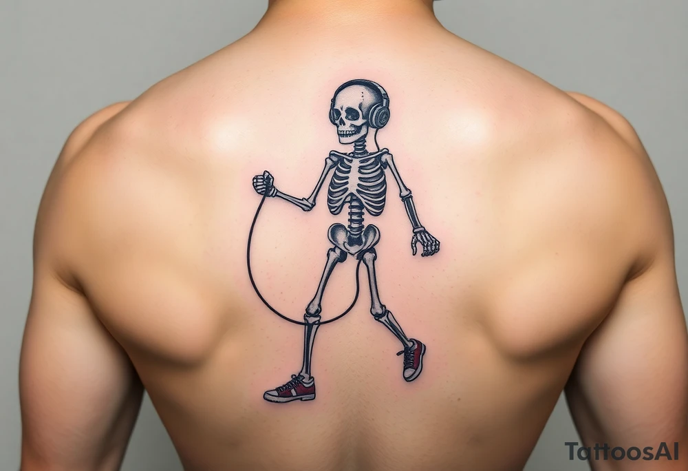 Funny small skeleton exercises jump rope with a blue headphones and blur tennis shoes tattoo idea