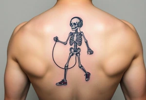 Funny small skeleton exercises jump rope with a blue headphones and blur tennis shoes tattoo idea