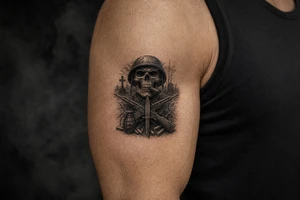 Dark fantasy graveyard, skull in helmet, cigar, crossed rifles, knife, grenade, cartridges. tattoo idea