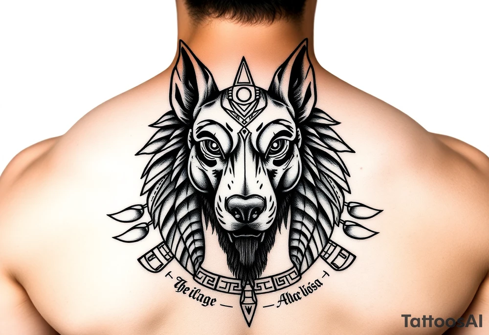 Egyptian Anubis god face muscle in Egypt style dog face surrounded Egyptian symbols tattoo idea