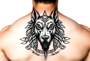 Egyptian Anubis god face muscle in Egypt style dog face surrounded Egyptian symbols tattoo idea