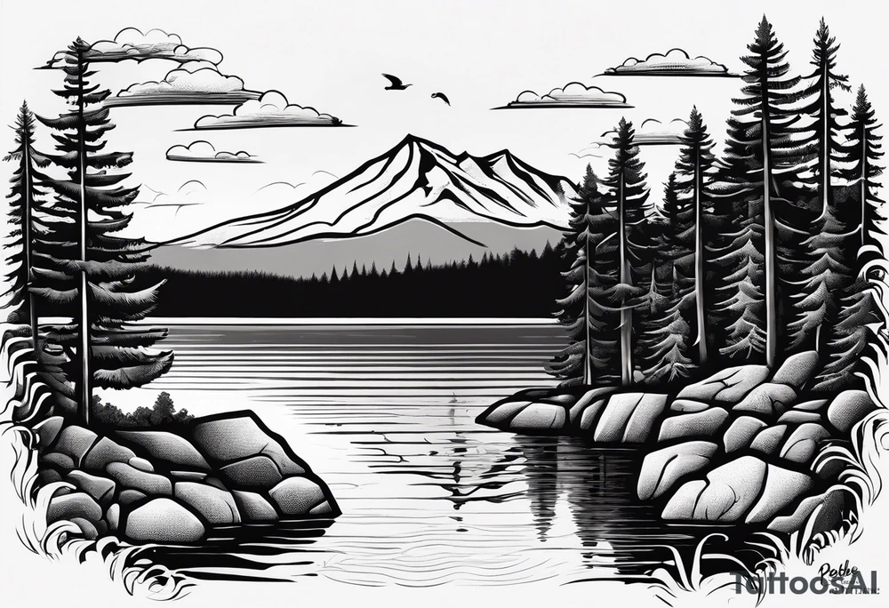 shoulder/upper arm design. pebble beach on a lakefront with a lake surrounded by tall trees and a mountain backdrop. Has reflections across the lakewater tattoo idea