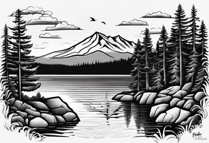 shoulder/upper arm design. pebble beach on a lakefront with a lake surrounded by tall trees and a mountain backdrop. Has reflections across the lakewater tattoo idea