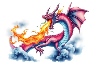 fierce dragon breathing iridescent fire against stormy skies tattoo idea