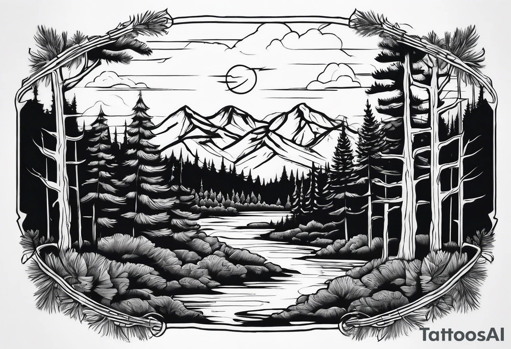 Full back ancient pine Forrest tattoo idea