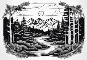 Full back ancient pine Forrest tattoo idea