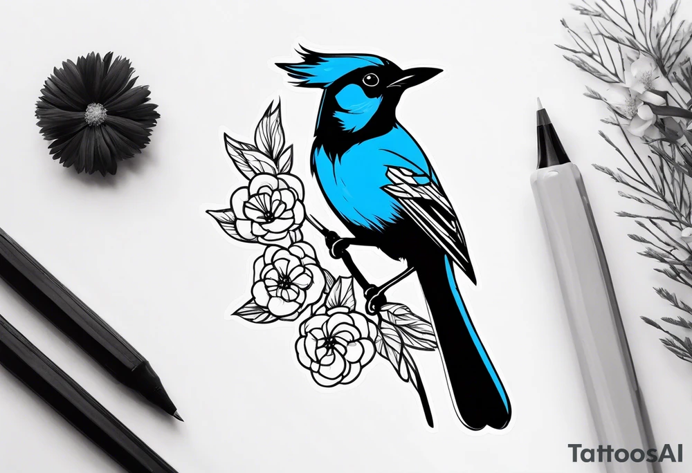 Steller’s Jay bird with flower tattoo idea