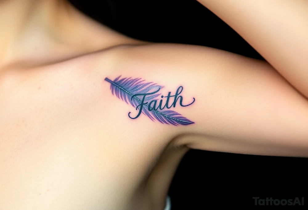 A lavender and silver feather with a subtle shimmer, carrying the word "Faith" tattoo idea