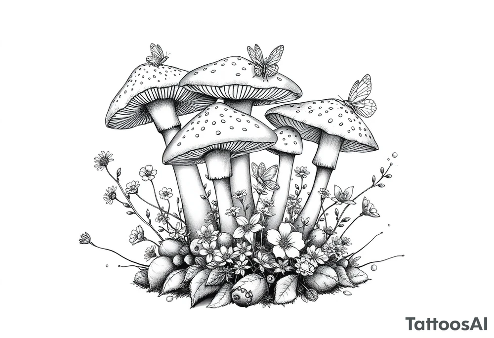 A flash tattoo design featuring mushrooms, wildflowers, and faeries could have a whimsical, nature-inspired aesthetic with fine line details and delicate shading. Here’s a concept:
	•	Central Focus: A cluster of mushrooms (such as fly agaric with speckled caps or delicate chanterelles) growing from a mossy base.
	•	Wildflowers: Sprigs of daisies, lavender, or forget-me-nots woven around the mushrooms for an organic, flowing look.
	•	Faeries: Tiny, ethereal faeries with butterfly or dragonfly wings interacting with the scene—one perched on a mushroom, another peeking from behind a flower, and a third in mid-flight, leaving a trail of sparkling dust.
	•	Additional Details: Twisting vines, tiny glowing orbs, and soft shading to create depth and enchantment. tattoo idea