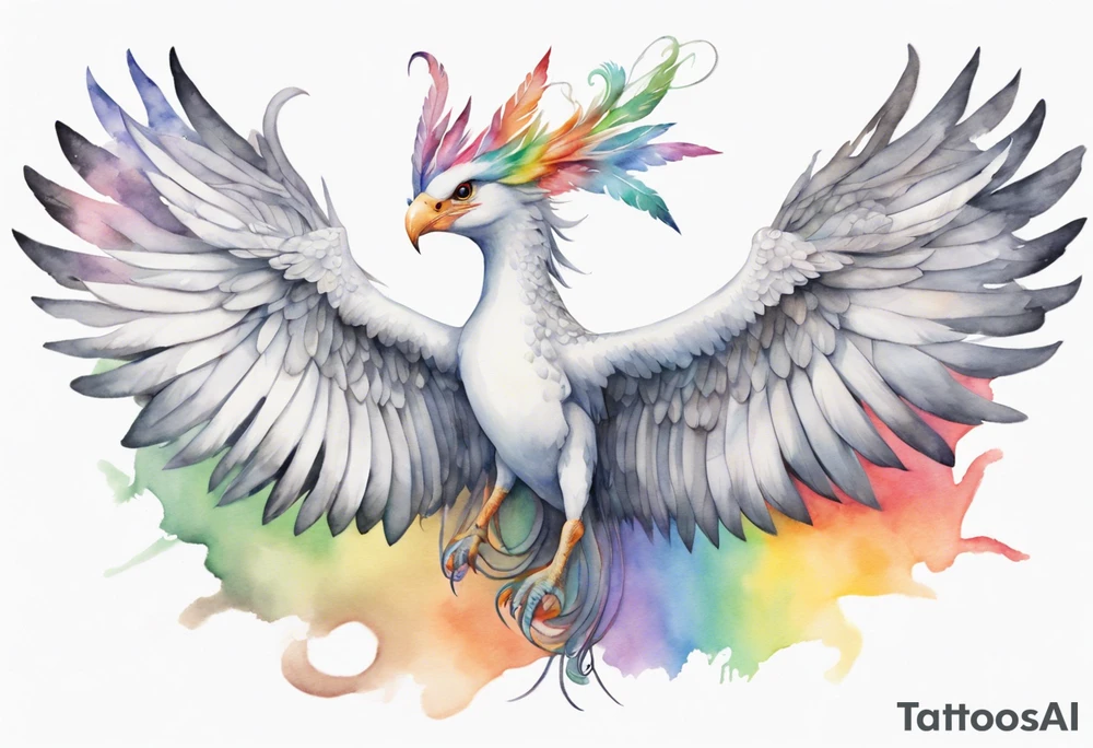 a watercolor of a white bird-serpent hybrid wearing a grey crown, with rainbow wing feathers, flying in the sky tattoo idea