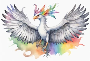 a watercolor of a white bird-serpent hybrid wearing a grey crown, with rainbow wing feathers, flying in the sky tattoo idea