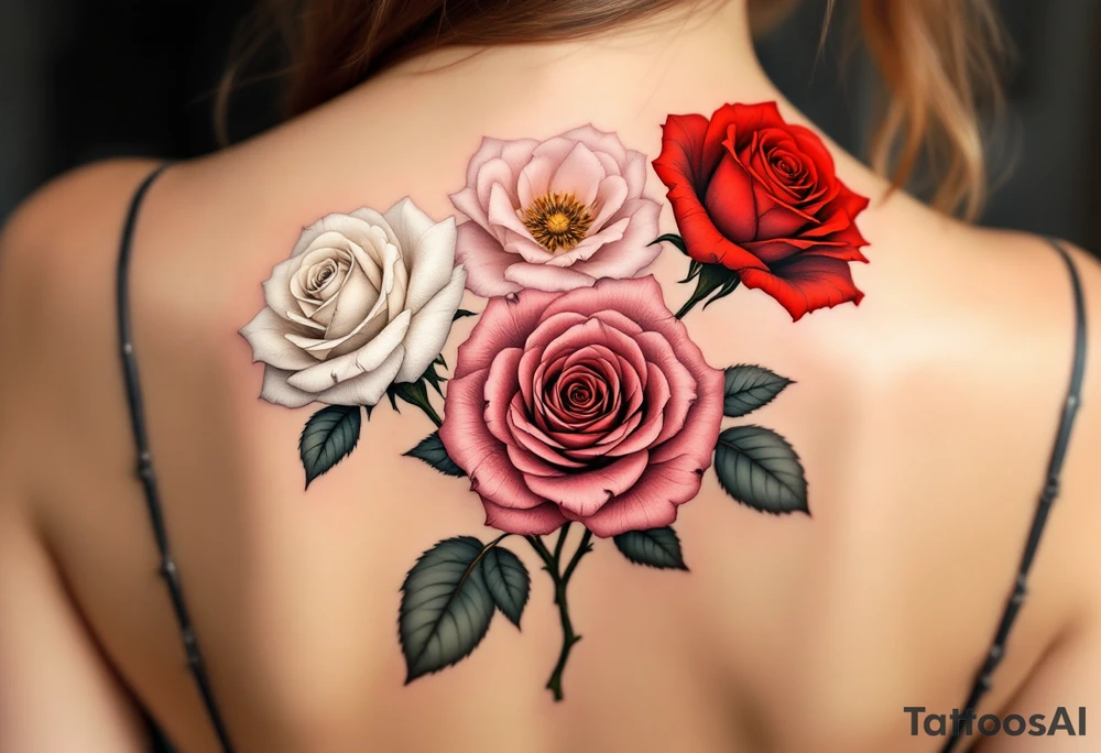 Three roses in different stages of bloom—white (beginning), pink (growth), and deep red (passion)—sorted one under another tattoo idea