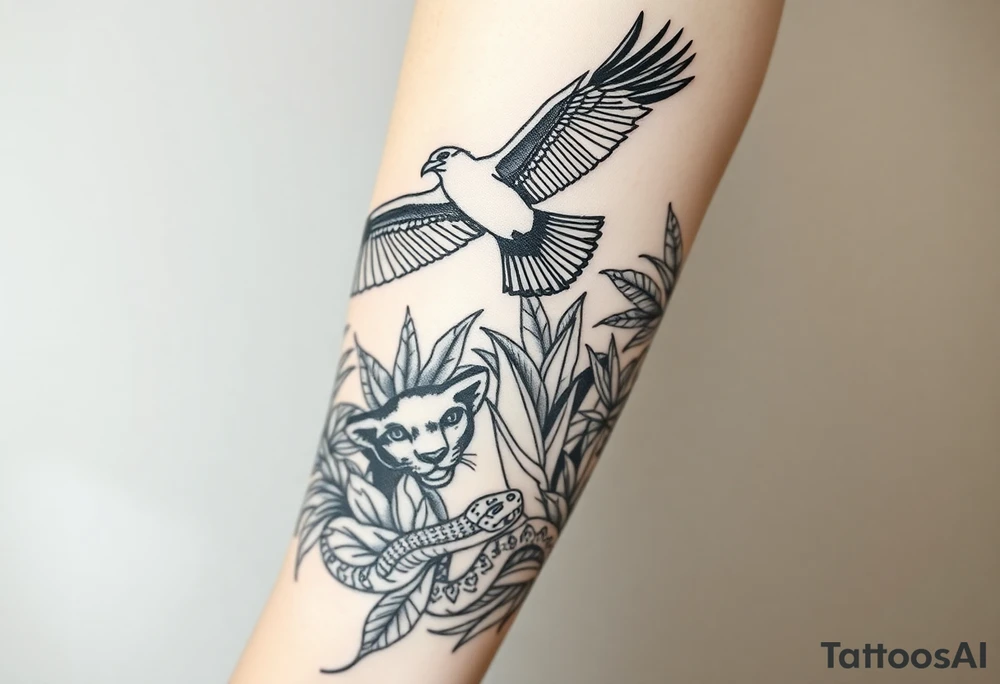 Fine line tattoo: silhouette of an Andean condor flying above Amazon rainforest, amongst the tropical foliage is a puma hiding with only its face exposed, towards the floor of the rainforest is a snake, also mostly hidden behind plants but its head and parts of its body are exposed. tattoo idea