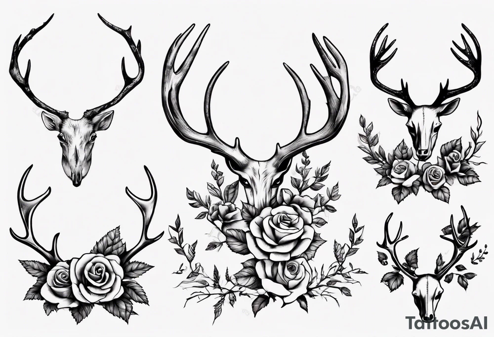 Antlers with bramble and roses tattoo idea