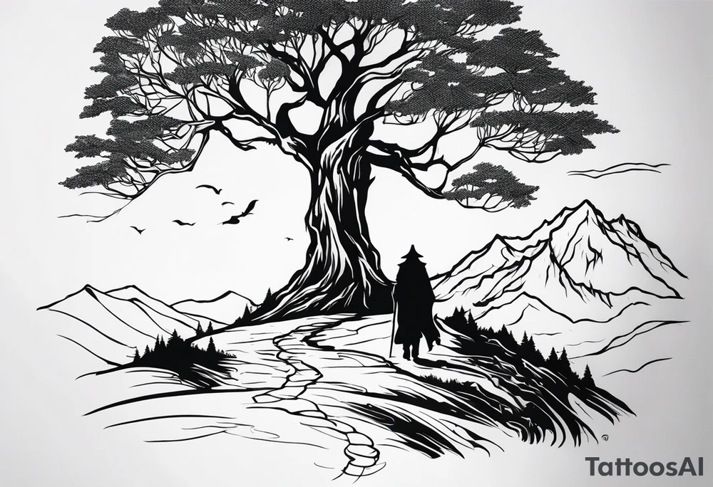 Lord of the rings walking with mountains and trees tattoo idea
