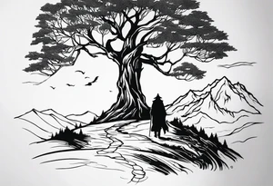 Lord of the rings walking with mountains and trees tattoo idea