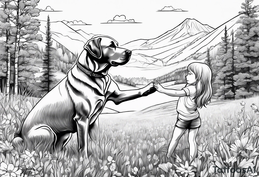 a girl giving high five to her labrador dog on a meadow tattoo idea