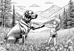 a girl giving high five to her labrador dog on a meadow tattoo idea