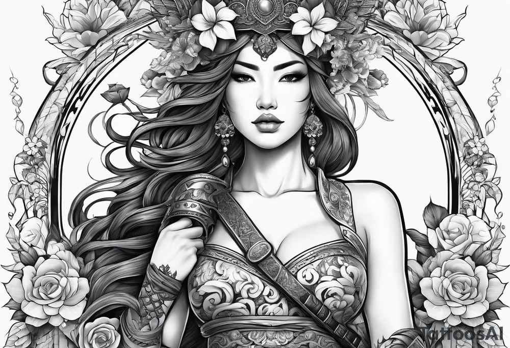 ornate beautiful woman warrior with weapon & floral surrounding tattoo from head to torso tattoo idea