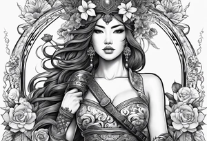 ornate beautiful woman warrior with weapon & floral surrounding tattoo from head to torso tattoo idea