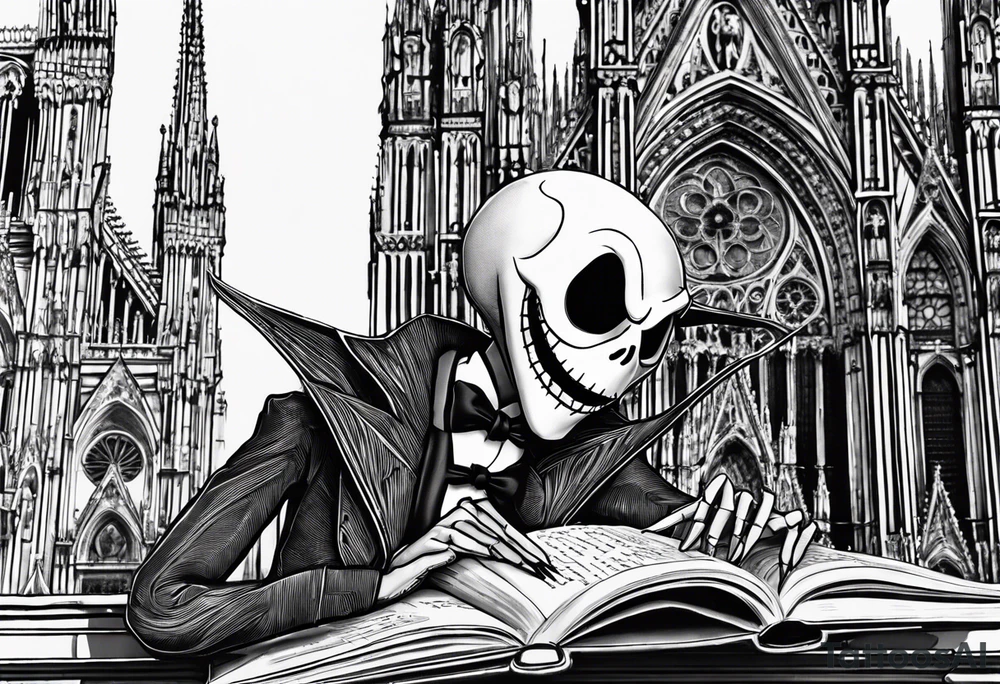 jack skellington leaning against milan cathedral as he reads the date June 07, 2023 tattoo idea