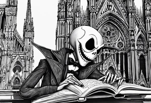 jack skellington leaning against milan cathedral as he reads the date June 07, 2023 tattoo idea