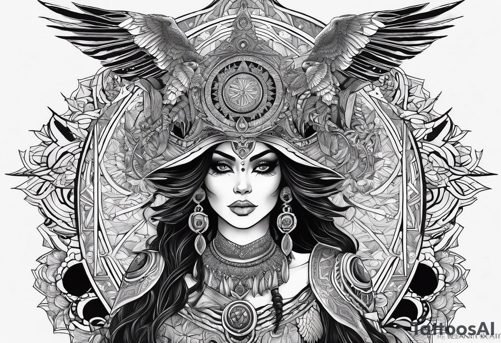 black kali, goddess pirate, alien, pachamama, valkrye, warrior, skull, lotus azul, wing, eagle, zenza resonance, stars, 5D tattoo idea