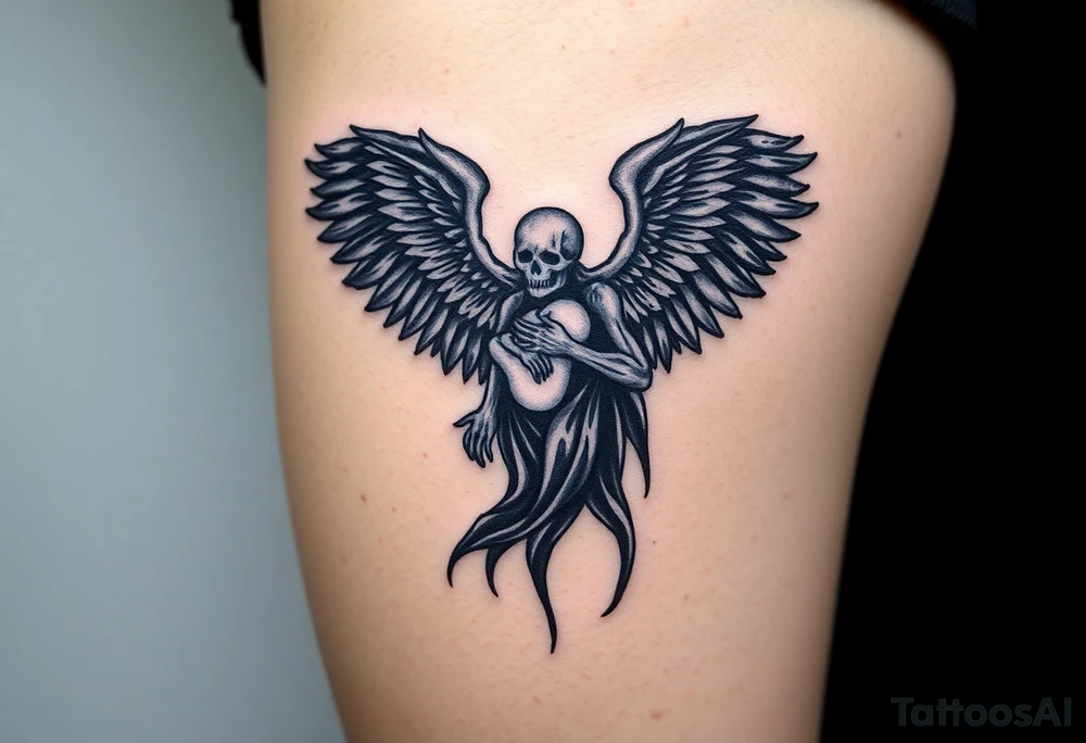 An angel of death with massive black wings, cradling a newborn soul, with a pale white body glowing against a pitch-black background. tattoo idea