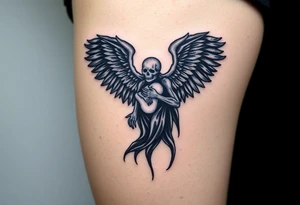 An angel of death with massive black wings, cradling a newborn soul, with a pale white body glowing against a pitch-black background. tattoo idea