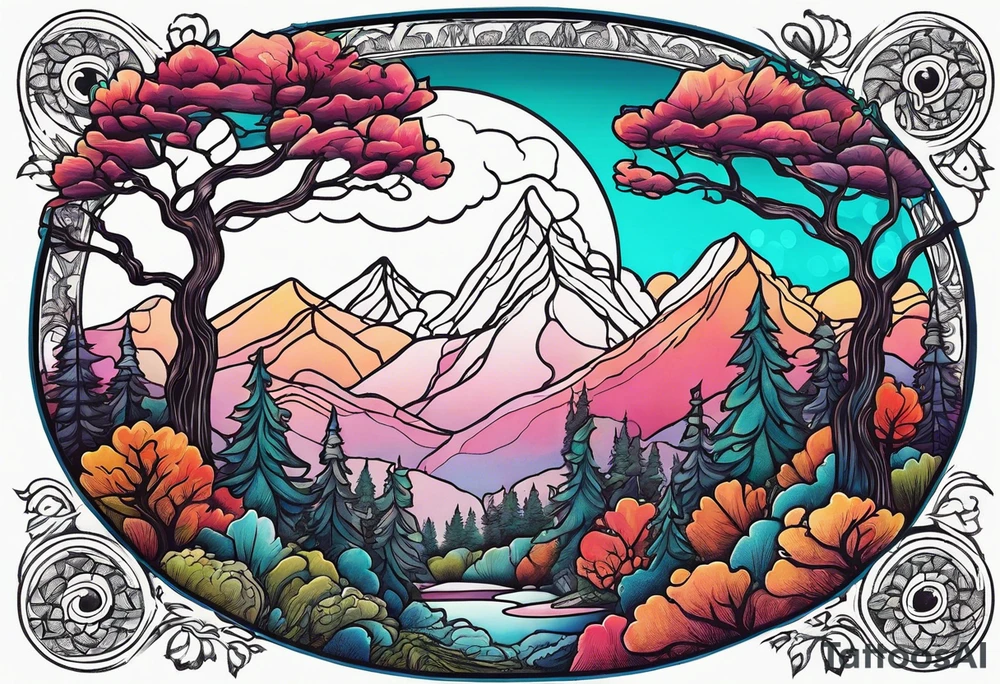 small circle shape trees mountain tattoo idea