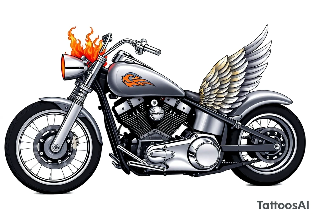 Low rider grey motorcycle, big muffler pipes with flames, angel wings tattoo idea