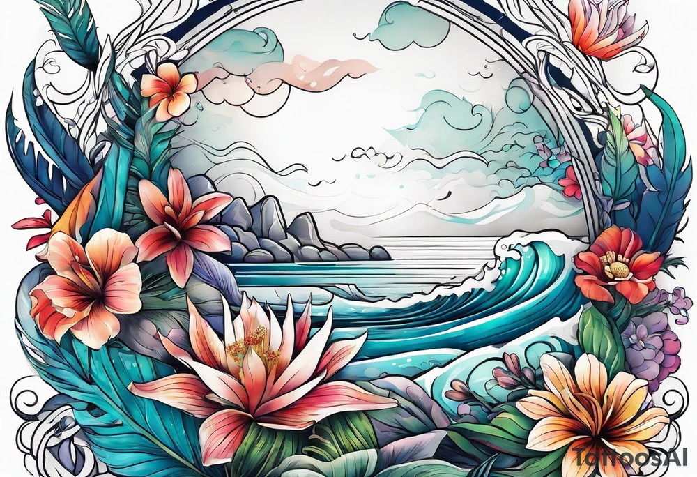 sea, flower, palm, animal tattoo idea