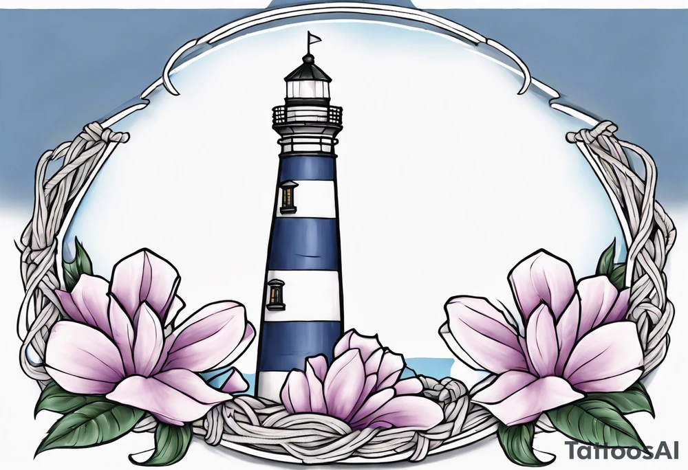 tattoo of a light house bordered by magnolia flowers and rope. In the background there is a periwinkle blue cancer awareness ribbon being lit up by the lighthouse tattoo idea