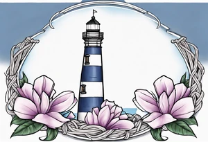 tattoo of a light house bordered by magnolia flowers and rope. In the background there is a periwinkle blue cancer awareness ribbon being lit up by the lighthouse tattoo idea