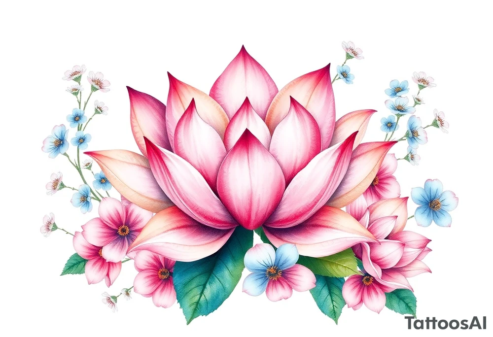 Lotus flower surrounded by forget me nots and peonies tattoo idea