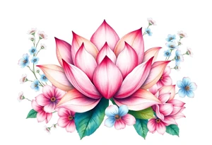 Lotus flower surrounded by forget me nots and peonies tattoo idea