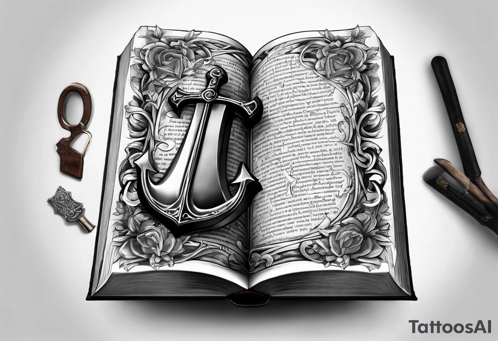 An opened bible with a battle Axe tattoo idea