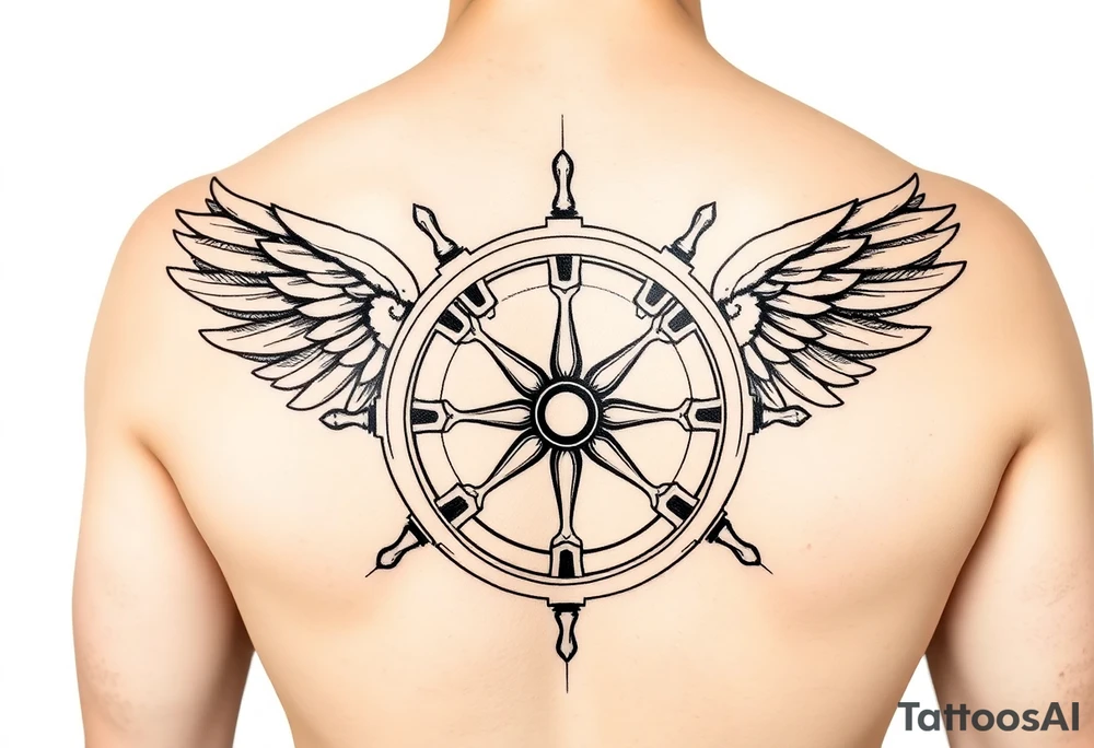 Sketch style geometric tattoo design of a ship steering wheel with sharp, structured wings. Fine lines, architectural guidelines, sacred geometry elements, black and grey ink, highly detailed hub and spokes, dynamic motion effect, artistic blueprint style, isolated on clean white background. tattoo idea