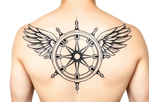 Sketch style geometric tattoo design of a ship steering wheel with sharp, structured wings. Fine lines, architectural guidelines, sacred geometry elements, black and grey ink, highly detailed hub and spokes, dynamic motion effect, artistic blueprint style, isolated on clean white background. tattoo idea