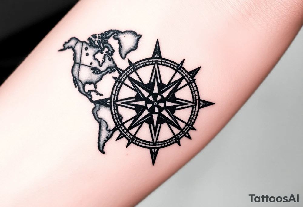antique compass rose overlaid on weathered world map with sailing ships tattoo idea