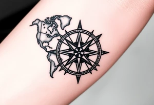 antique compass rose overlaid on weathered world map with sailing ships tattoo idea