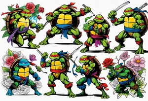 teenage mutant ninja turtles fighting in a city with floral accents tattoo idea